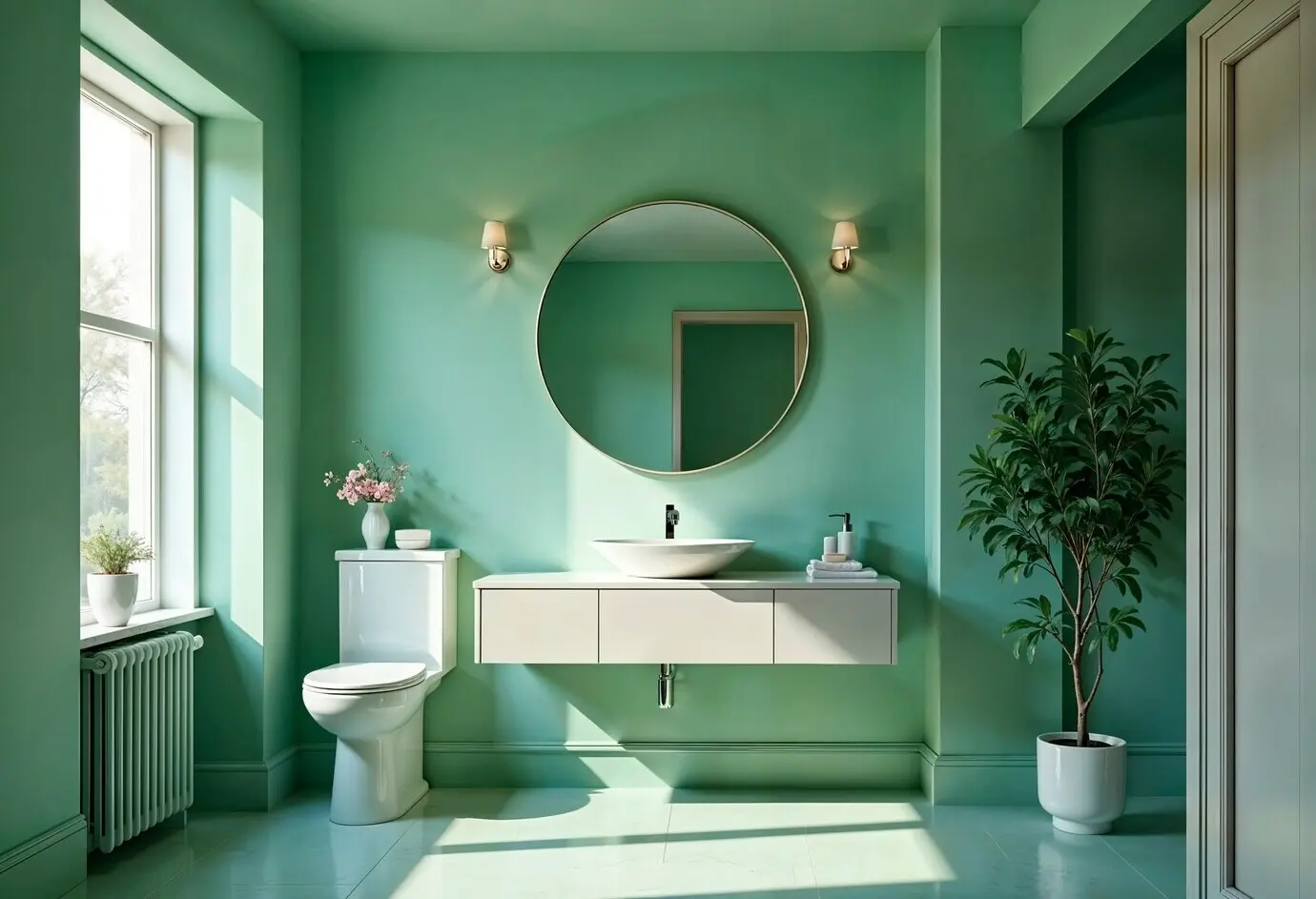 Элегантный и современный зелёный интерьер ванной комнаты с естественным освещением.
